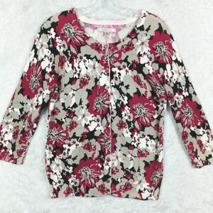 G. H. Bass & Co Womens Cardigan Sweater Floral Red Gray‎ Button Front Knit M
